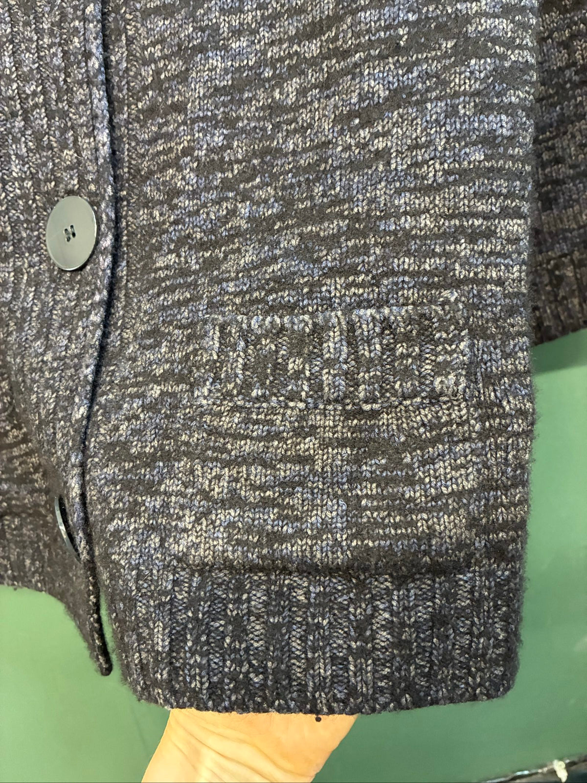 C.P. Company black and grey knitted cardigan, wool-silk blend, button front, vintage style.