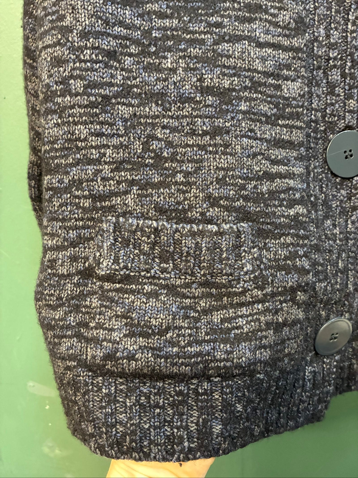 C.P. Company black and grey knitted cardigan, wool-silk blend, button front, vintage style.
