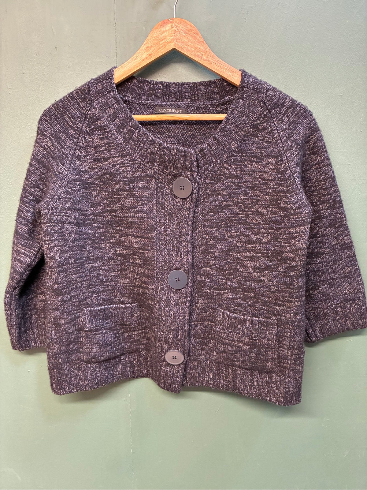 C.P. Company black and grey knitted cardigan, wool-silk blend, button front, vintage style.