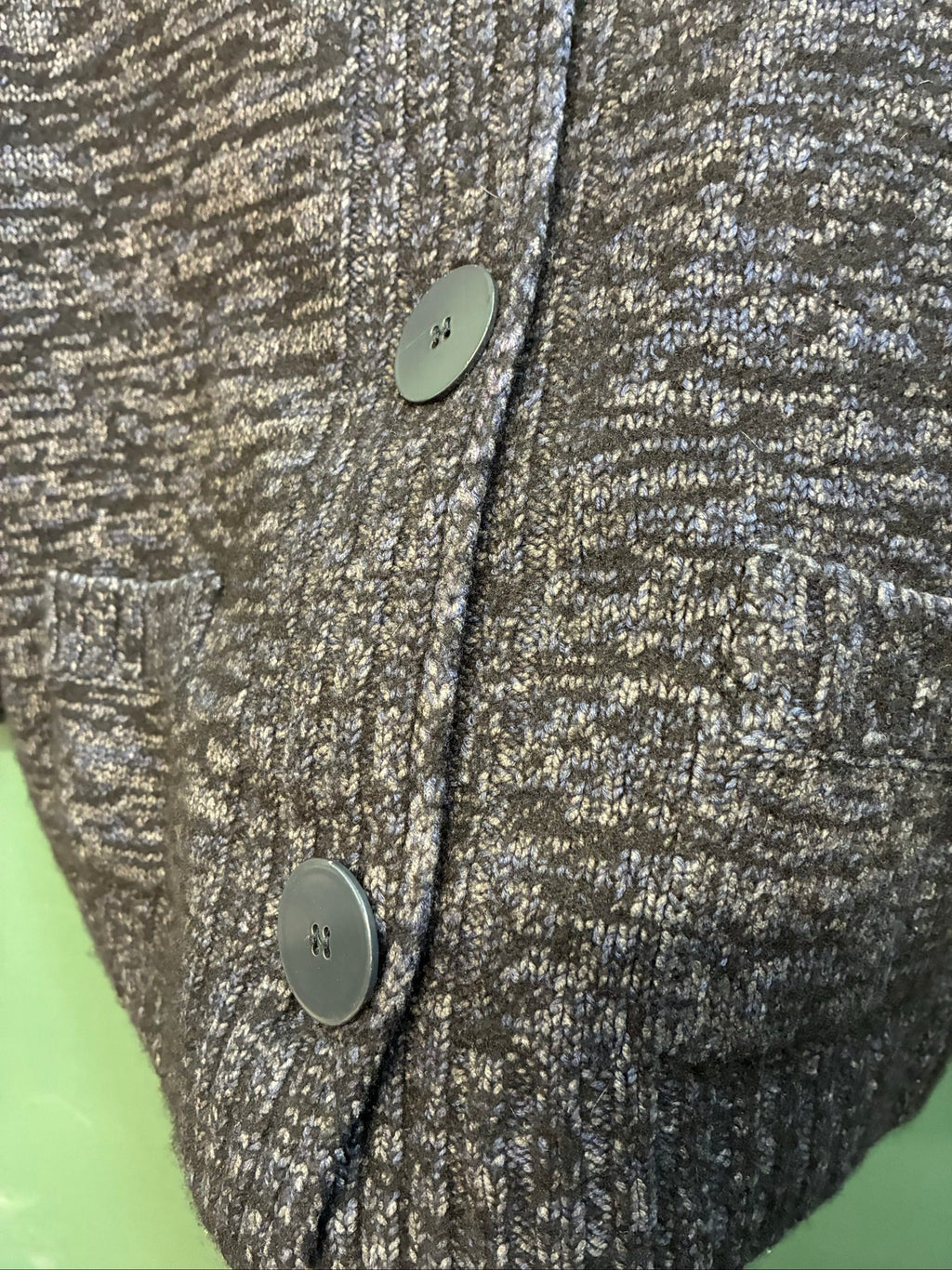 C.P. Company black and grey knitted cardigan, wool-silk blend, button front, vintage style.