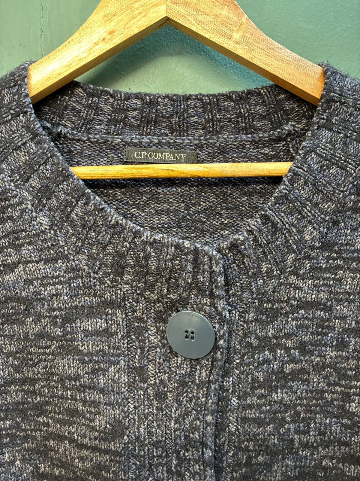 C.P. Company black and grey knitted cardigan, wool-silk blend, button front, vintage style.