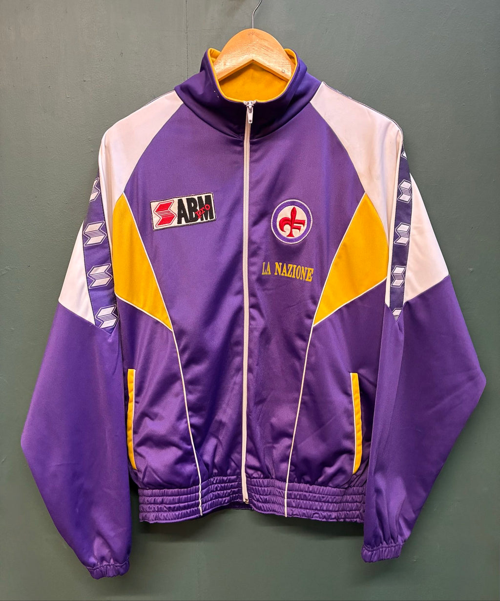 Fiorentina vintage track jacket purple white yellow 1989 logo and warm-up design.