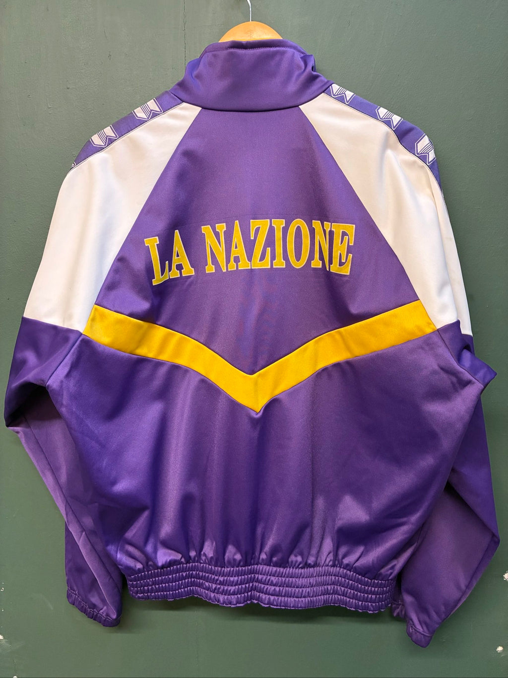 Fiorentina vintage track jacket purple white yellow 1989 logo and warm-up design.