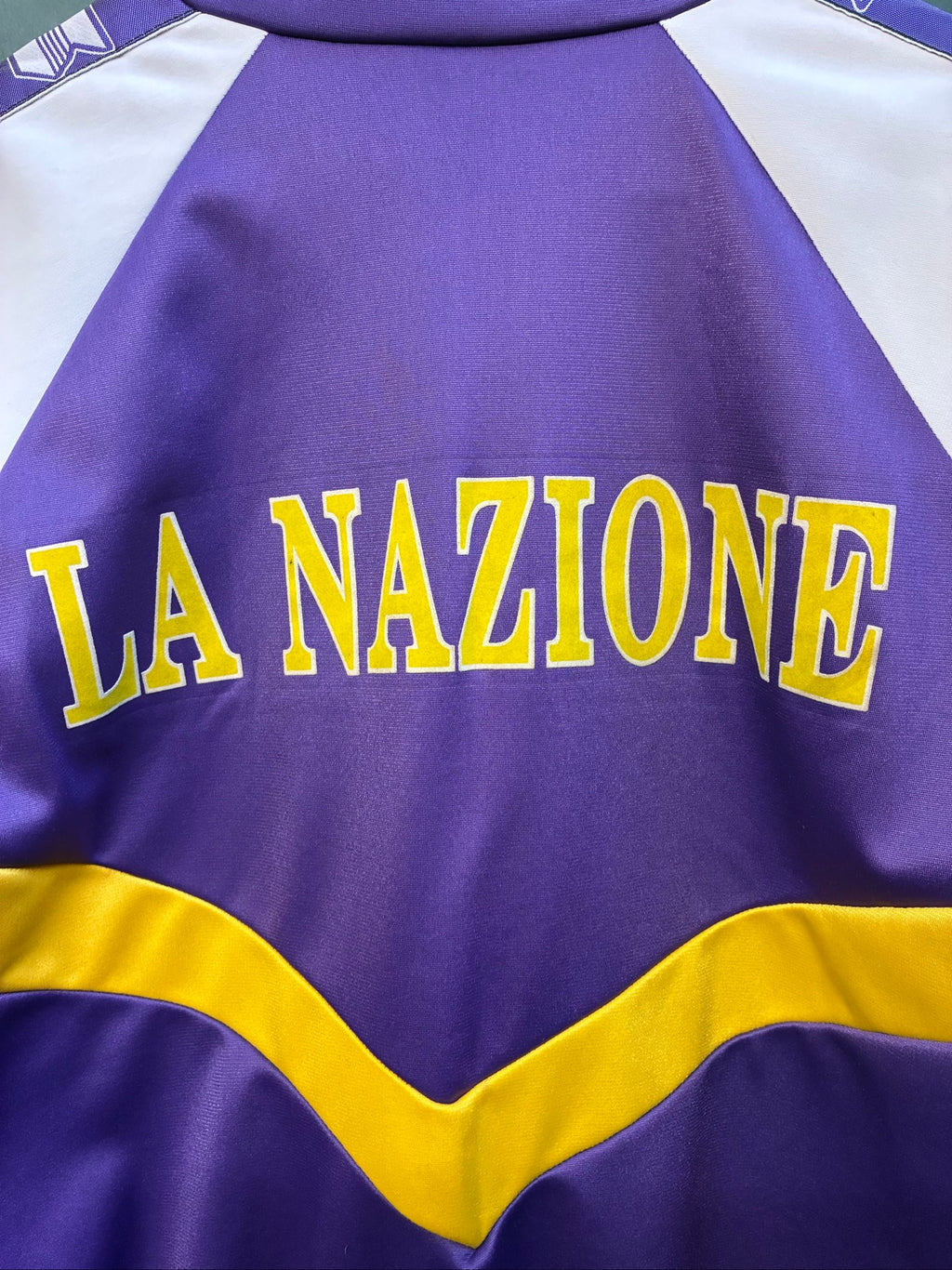 Fiorentina vintage track jacket purple white yellow 1989 logo and warm-up design.