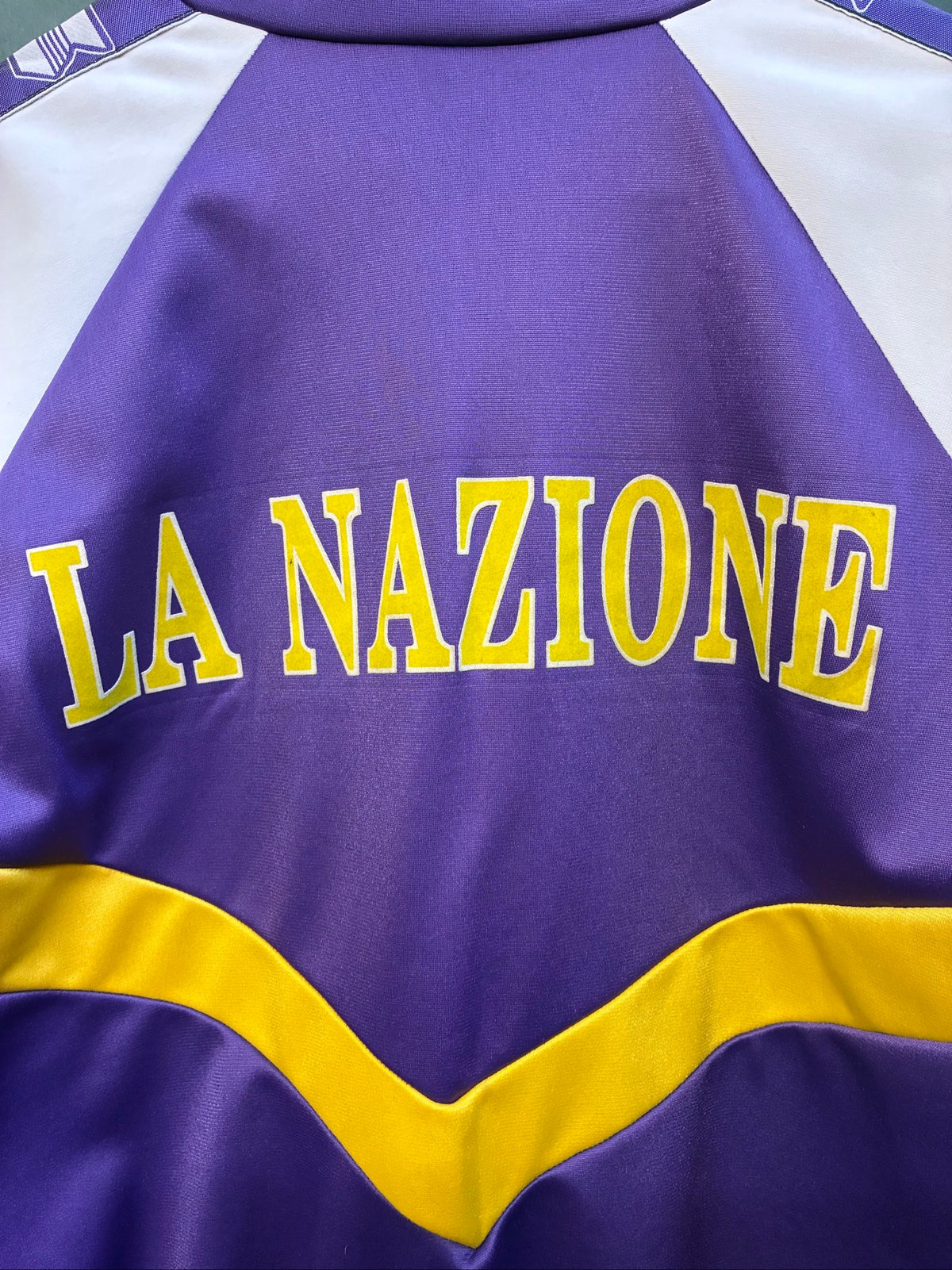 Fiorentina vintage track jacket purple white yellow 1989 logo and warm-up design.
