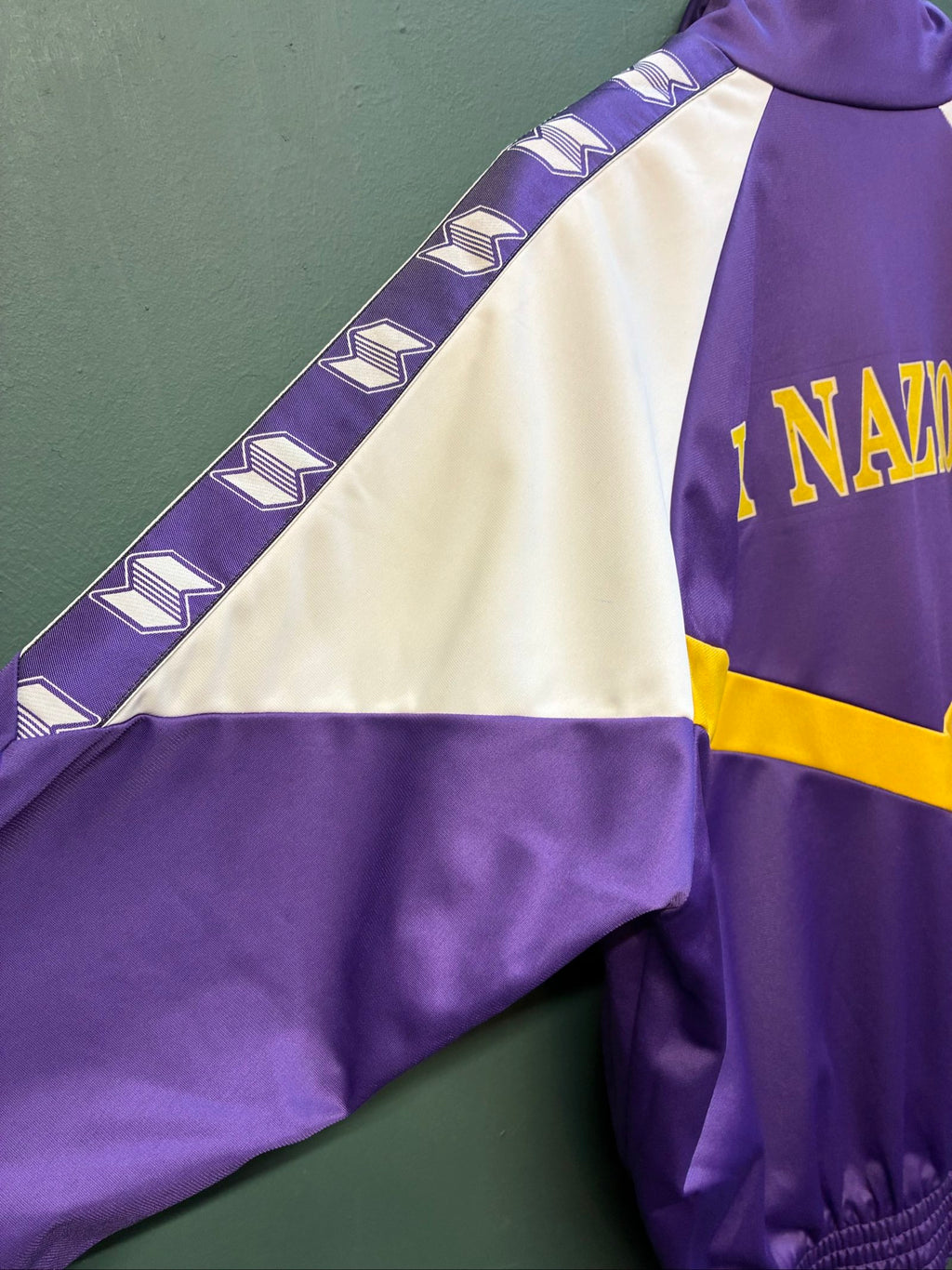 Fiorentina vintage track jacket purple white yellow 1989 logo and warm-up design.