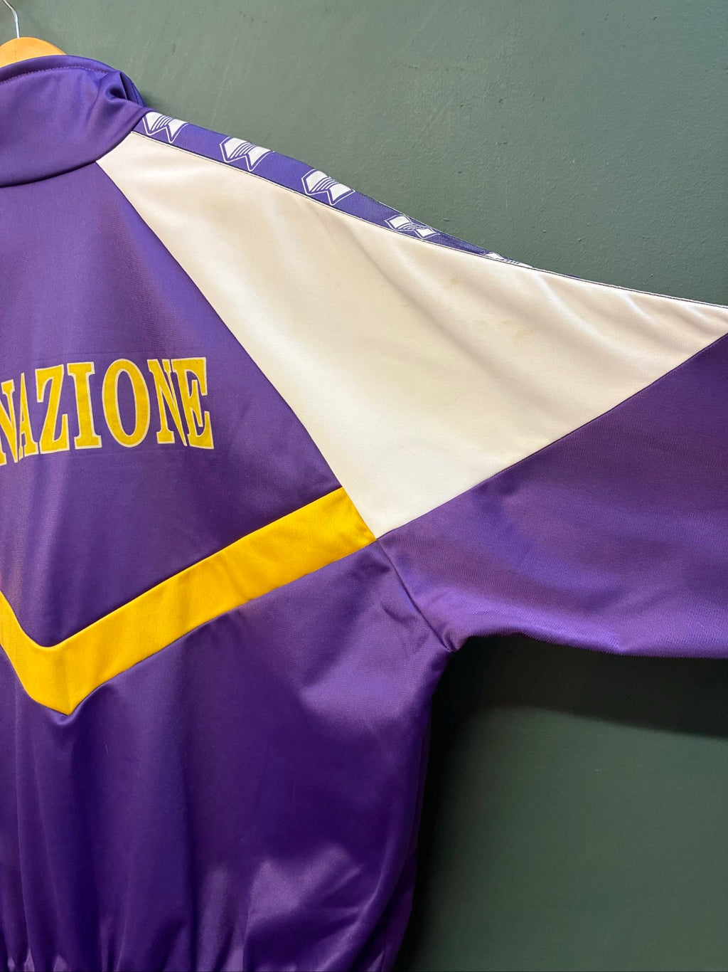 Fiorentina vintage track jacket purple white yellow 1989 logo and warm-up design.