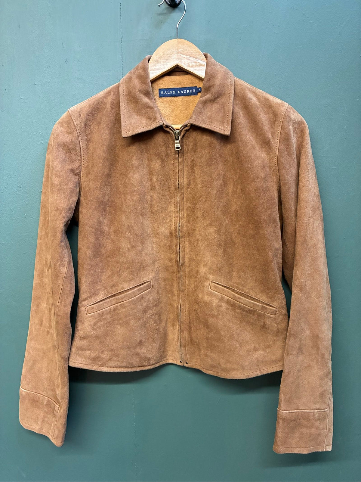 Ralph Lauren brown suede cropped jacket with zip closure, excellent condition, size 6.