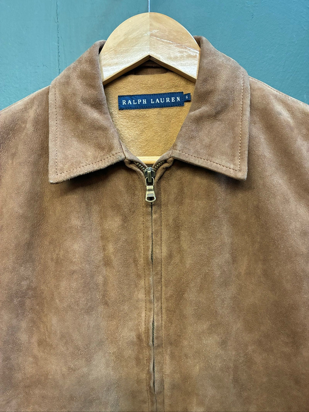 Ralph Lauren brown suede cropped jacket with zip closure, excellent condition, size 6.