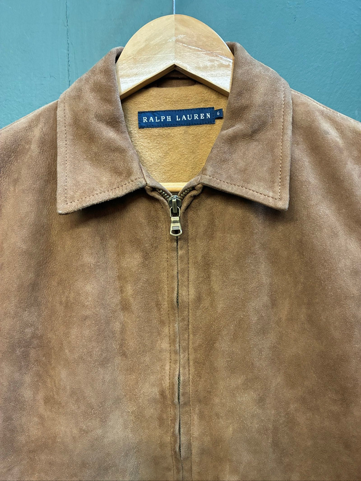 Ralph Lauren brown suede cropped jacket with zip closure, excellent condition, size 6.