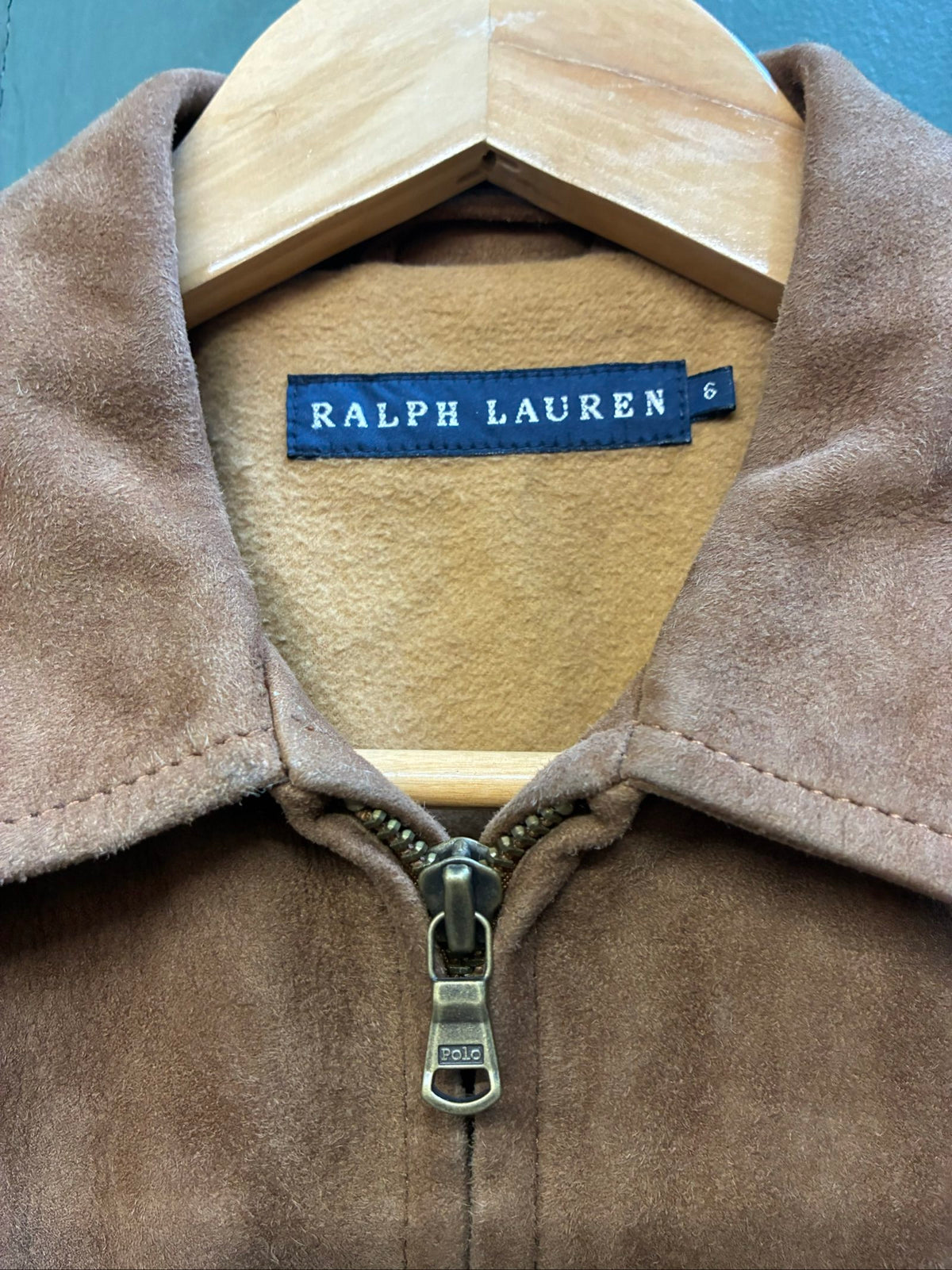 Ralph Lauren brown suede cropped jacket with zip closure, excellent condition, size 6.