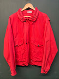 Marlboro vintage red cotton jacket with hood, snap pockets, subtle branding, 80s style.