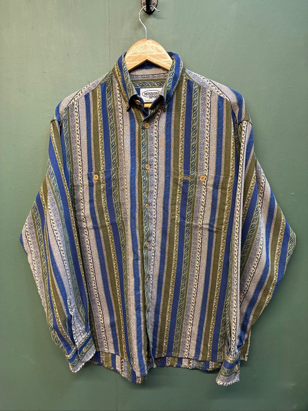 Missoni button-up shirt beige, blue, green multi-stripe woven tapestry pattern.