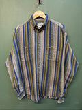Missoni button-up shirt beige, blue, green multi-stripe woven tapestry pattern.