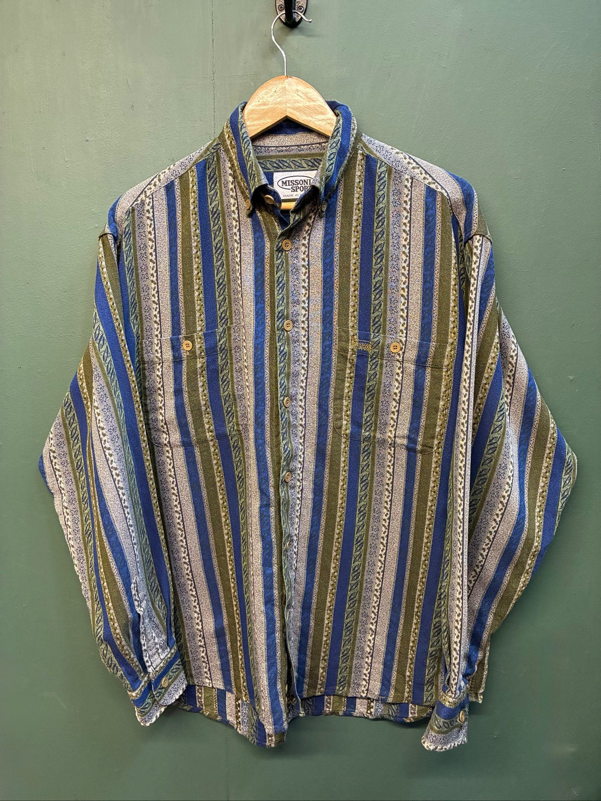 Missoni button-up shirt beige, blue, green multi-stripe woven tapestry pattern.