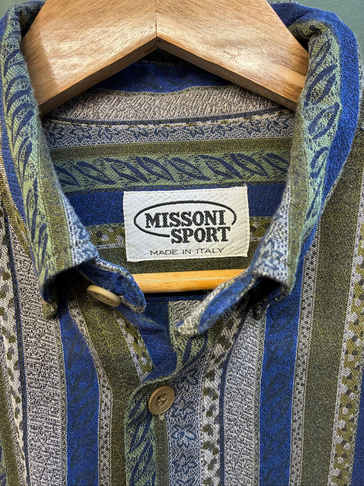 Missoni button-up shirt beige, blue, green multi-stripe woven tapestry pattern.