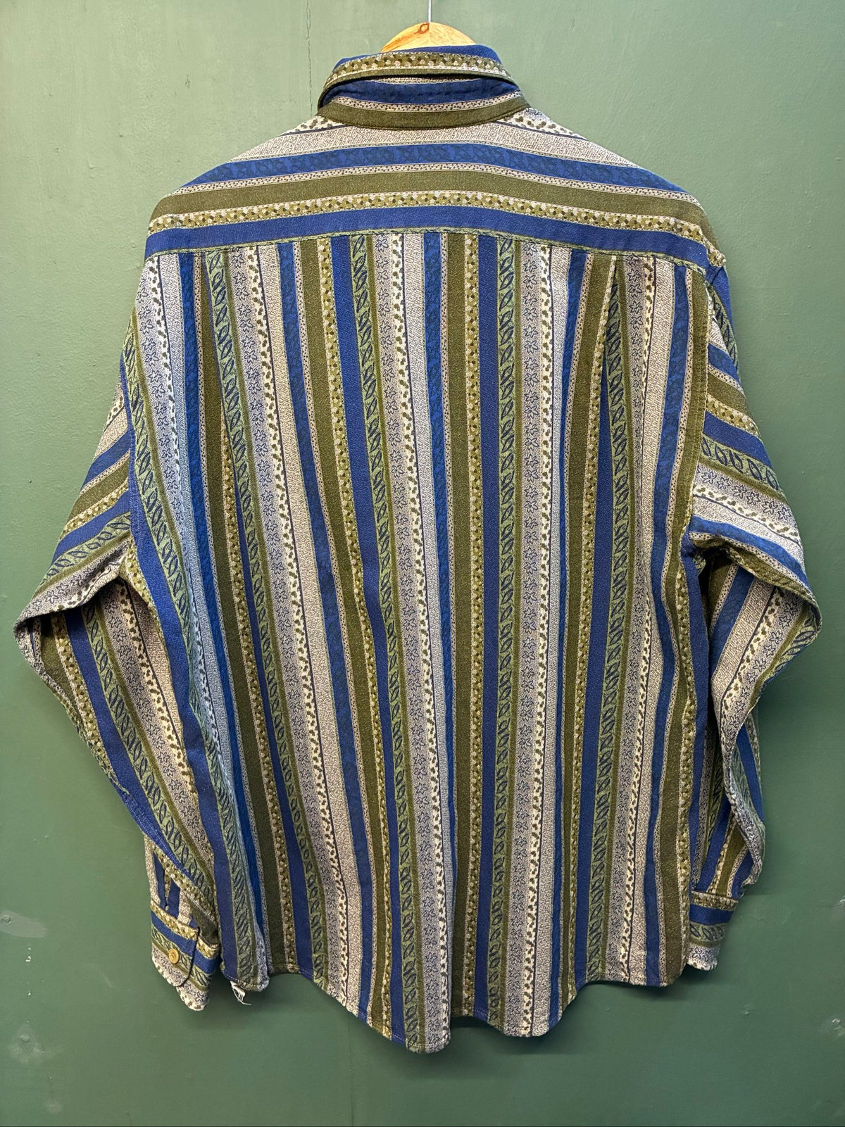 Missoni button-up shirt beige, blue, green multi-stripe woven tapestry pattern.
