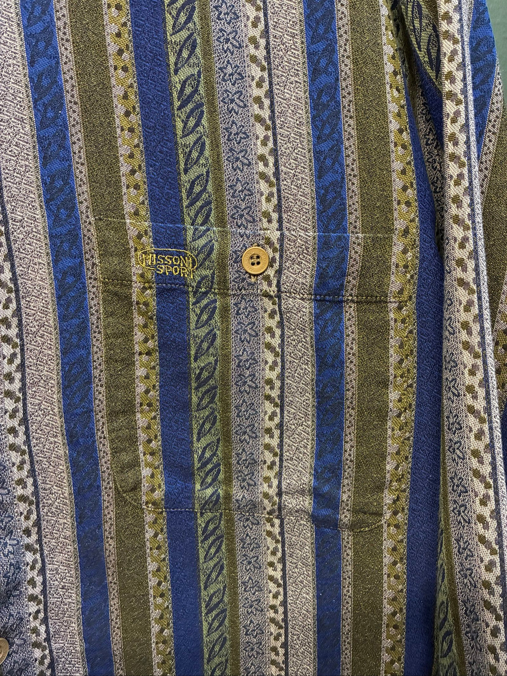Missoni button-up shirt beige, blue, green multi-stripe woven tapestry pattern.