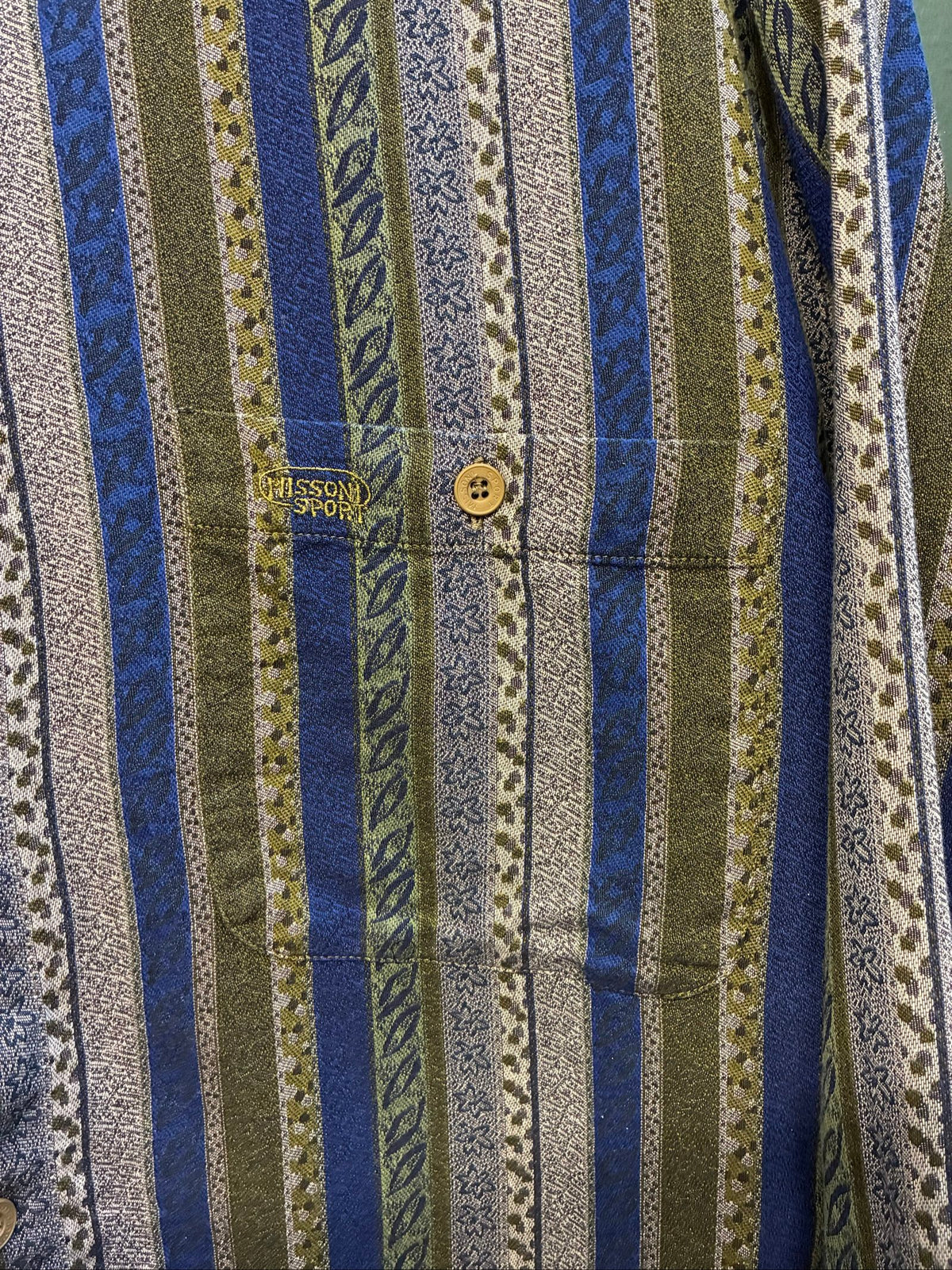Missoni button-up shirt beige, blue, green multi-stripe woven tapestry pattern.