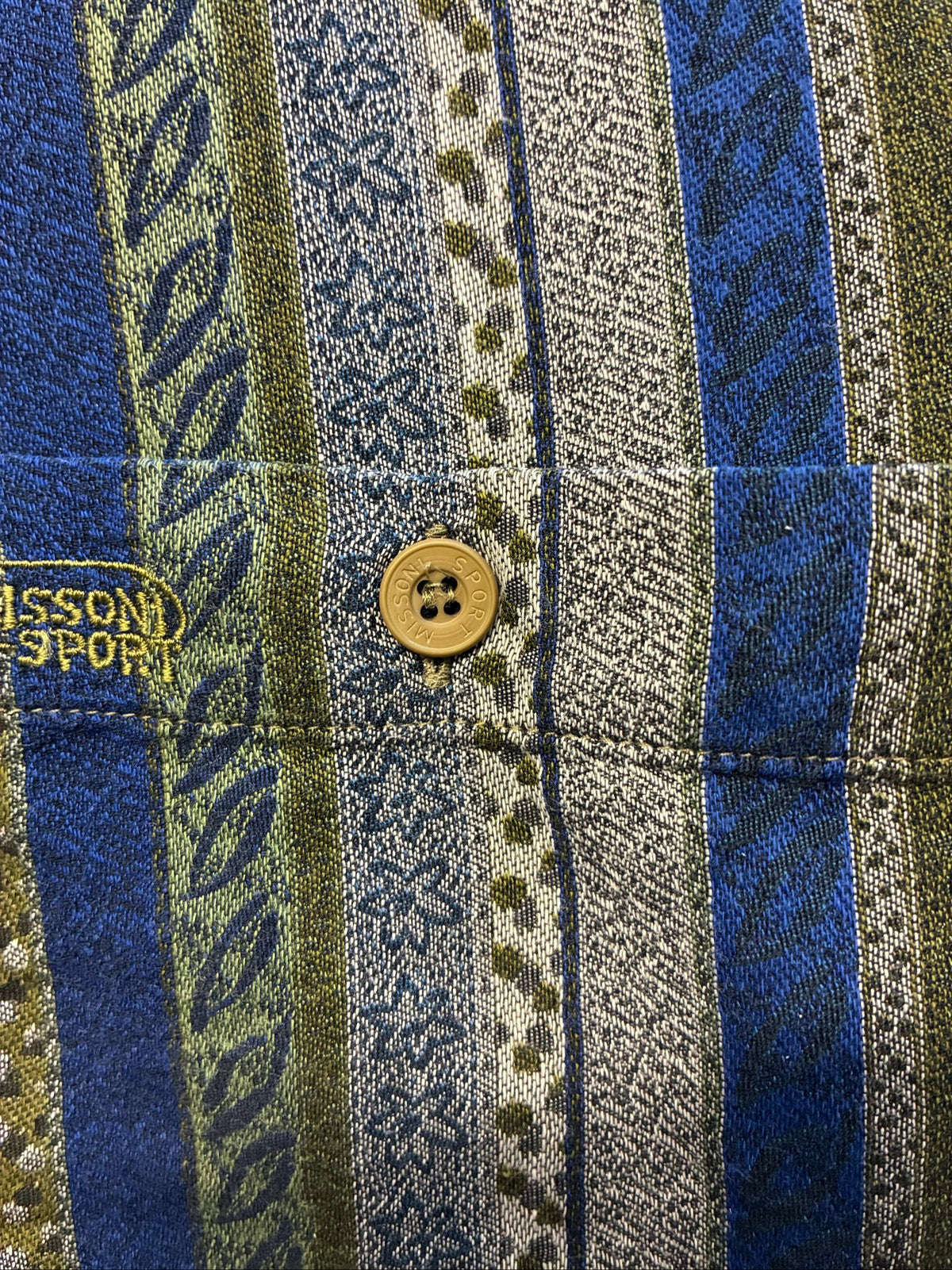 Missoni button-up shirt beige, blue, green multi-stripe woven tapestry pattern.