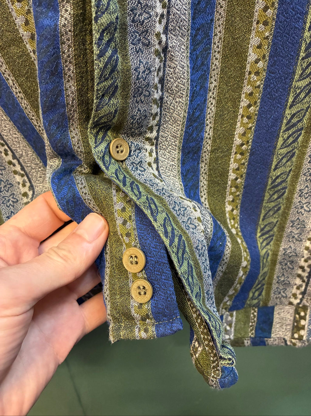 Missoni button-up shirt beige, blue, green multi-stripe woven tapestry pattern.