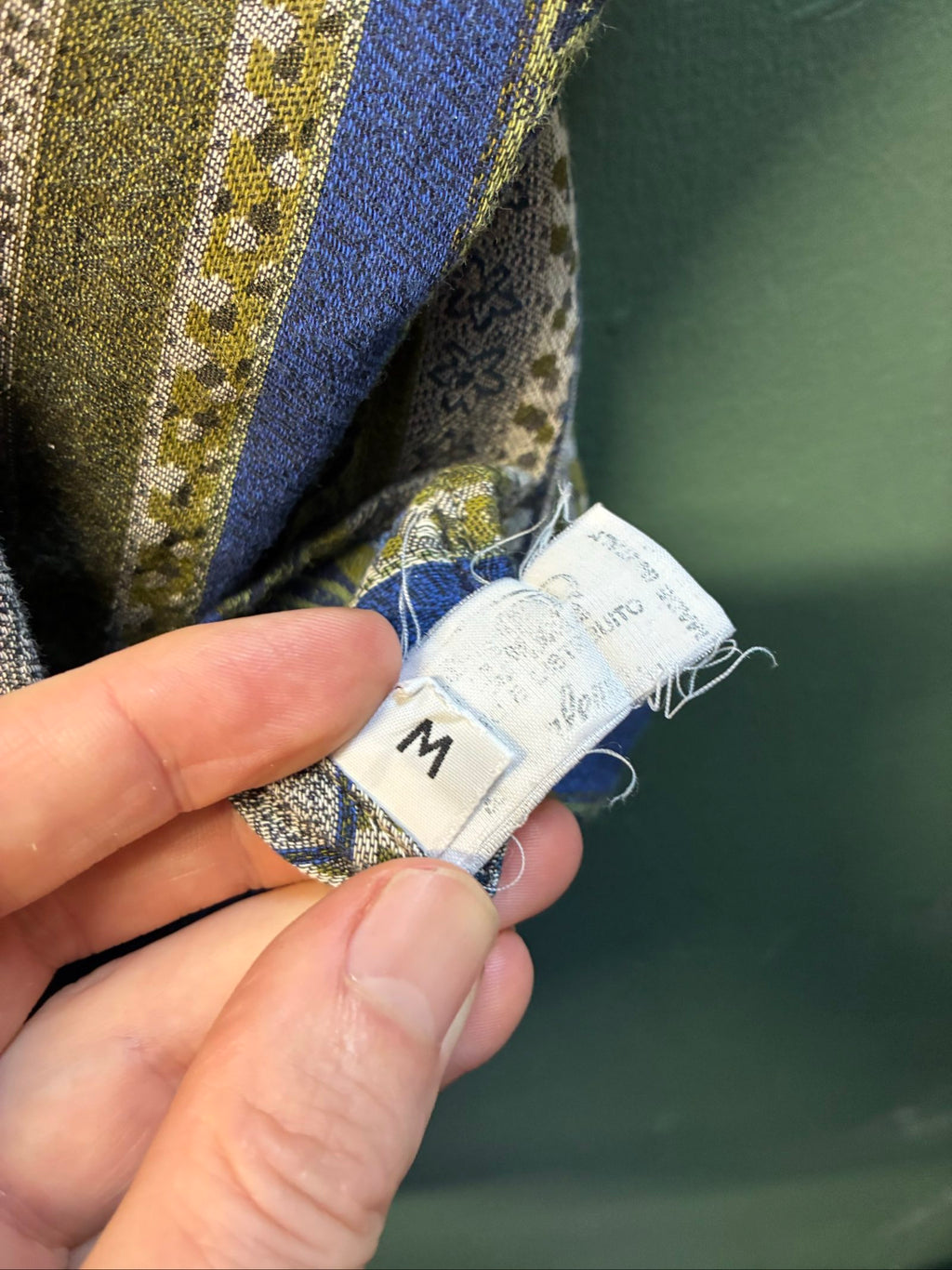 Missoni button-up shirt beige, blue, green multi-stripe woven tapestry pattern.