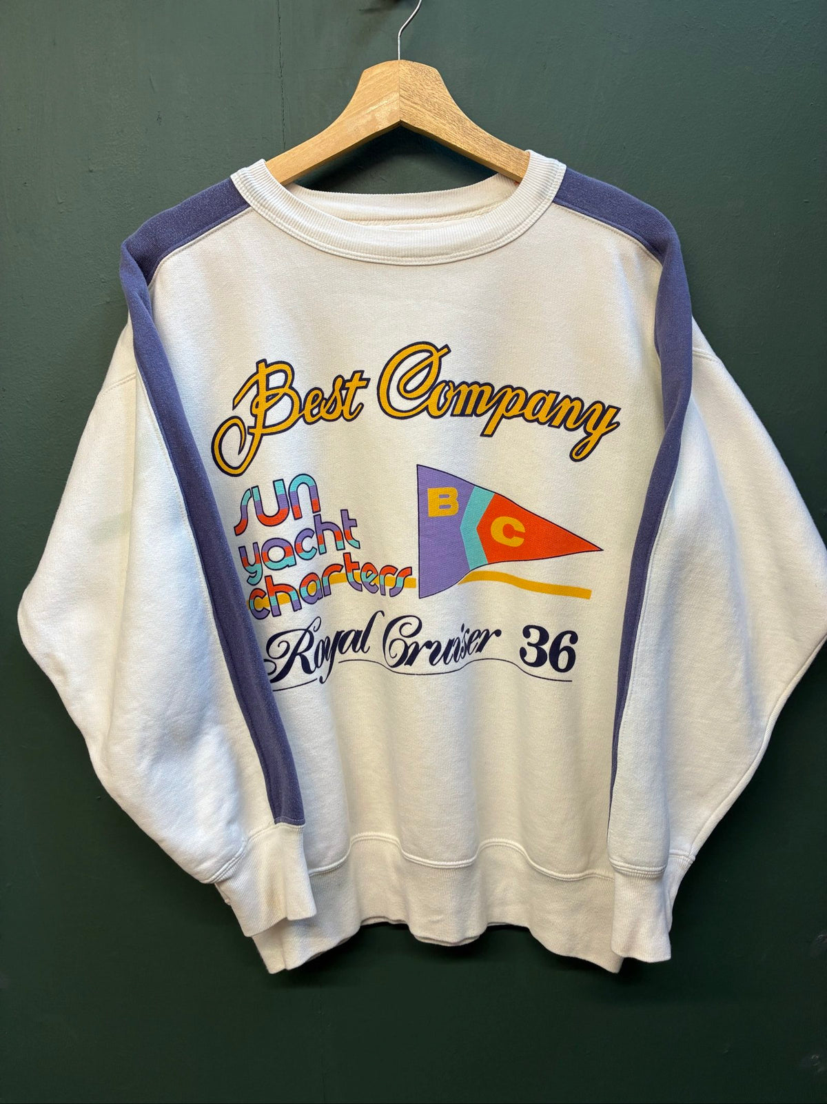 Best Company multi-colour sweatshirt with purple and white sailing design, 90s vintage style.