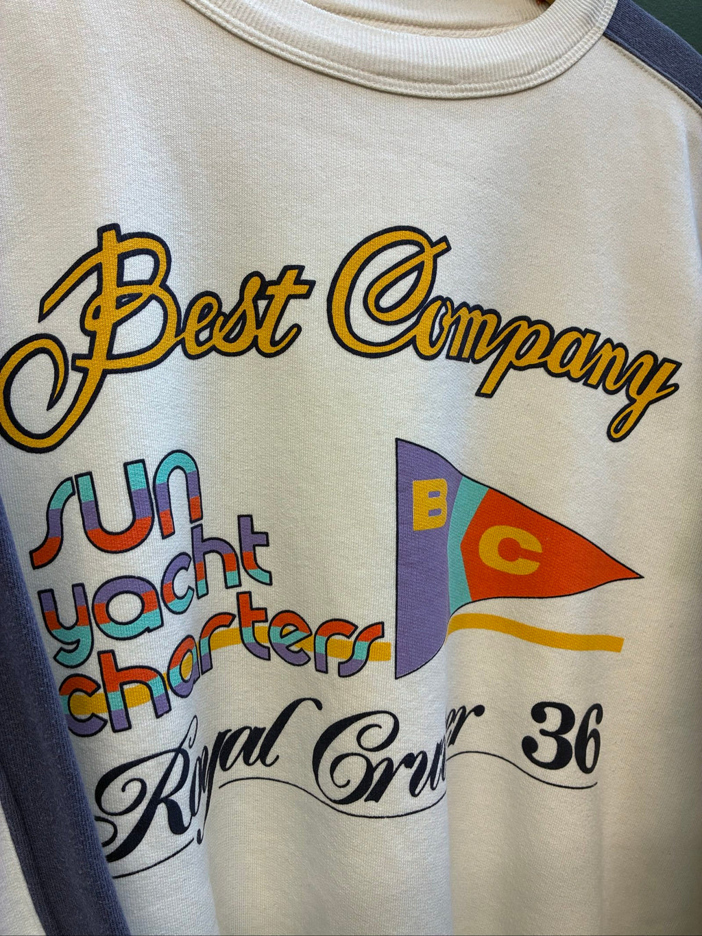 Best Company multi-colour sweatshirt with purple and white sailing design, 90s vintage style.