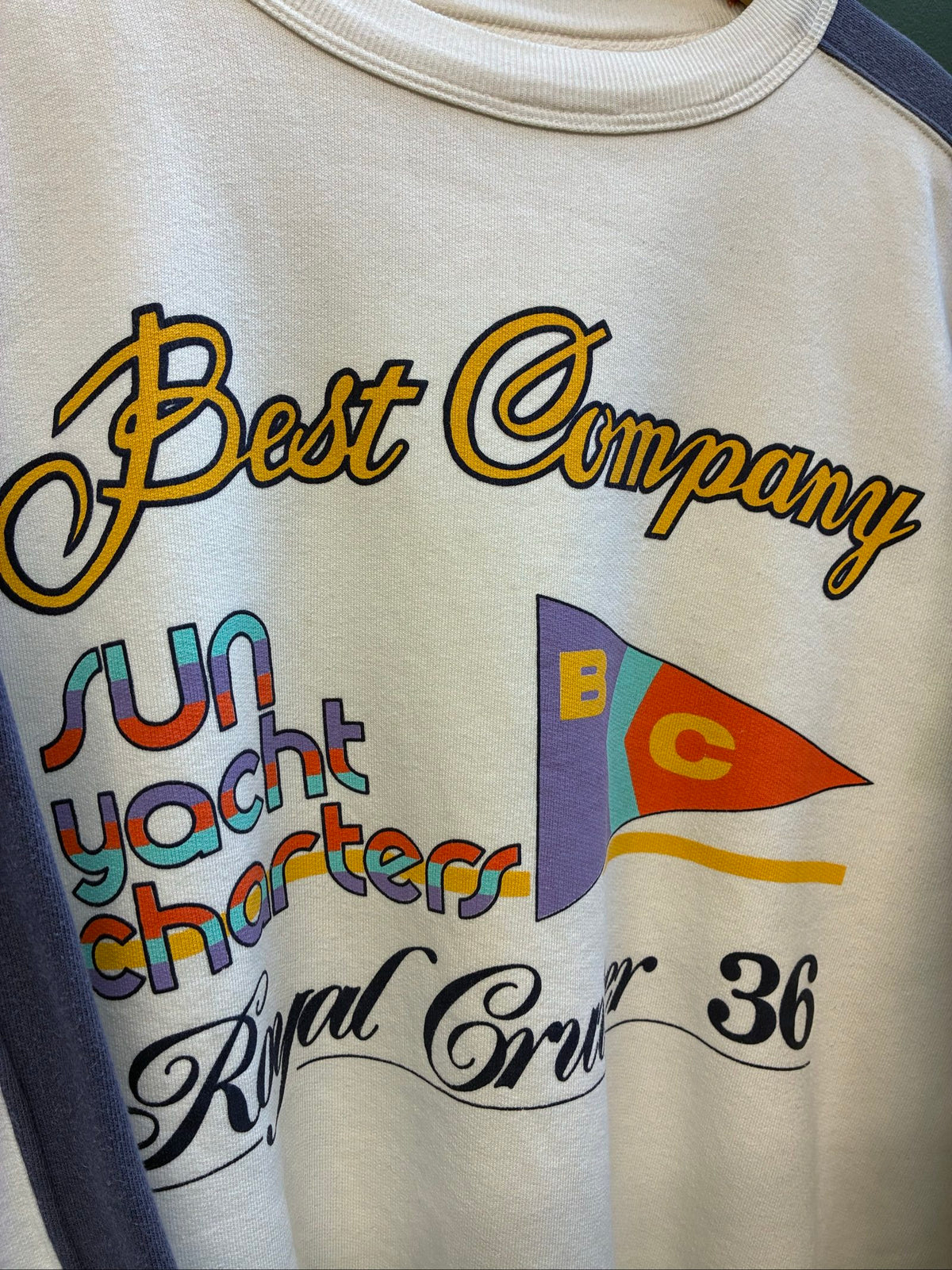 Best Company multi-colour sweatshirt with purple and white sailing design, 90s vintage style.