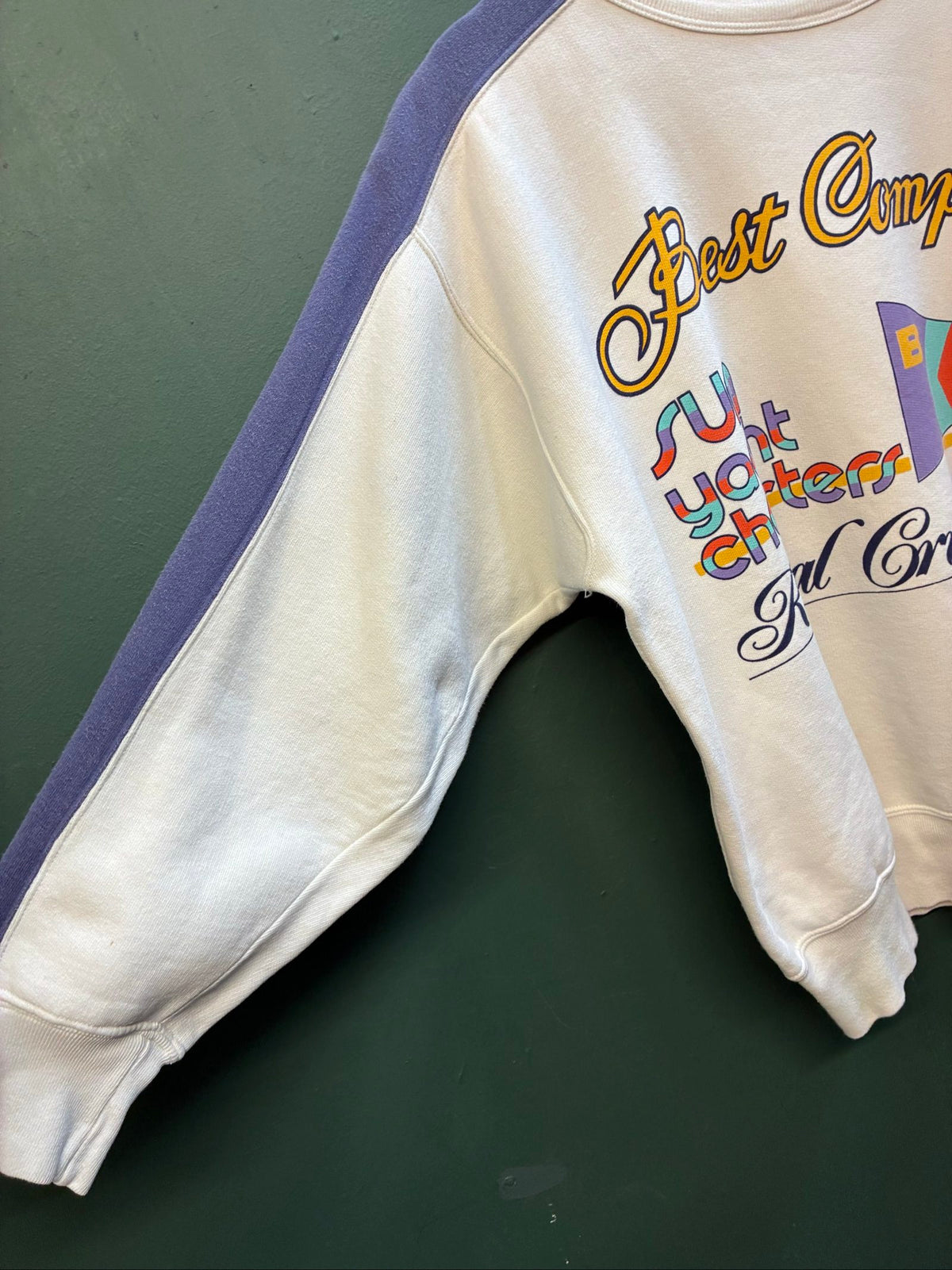 Best Company multi-colour sweatshirt with purple and white sailing design, 90s vintage style.