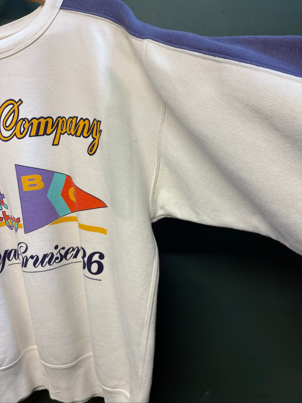 Best Company multi-colour sweatshirt with purple and white sailing design, 90s vintage style.