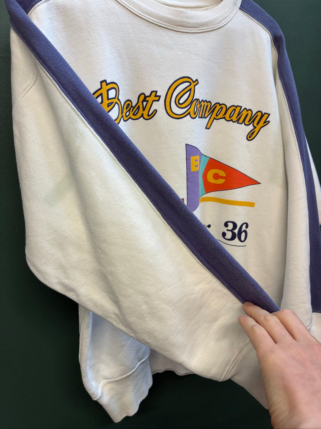 Best Company multi-colour sweatshirt with purple and white sailing design, 90s vintage style.