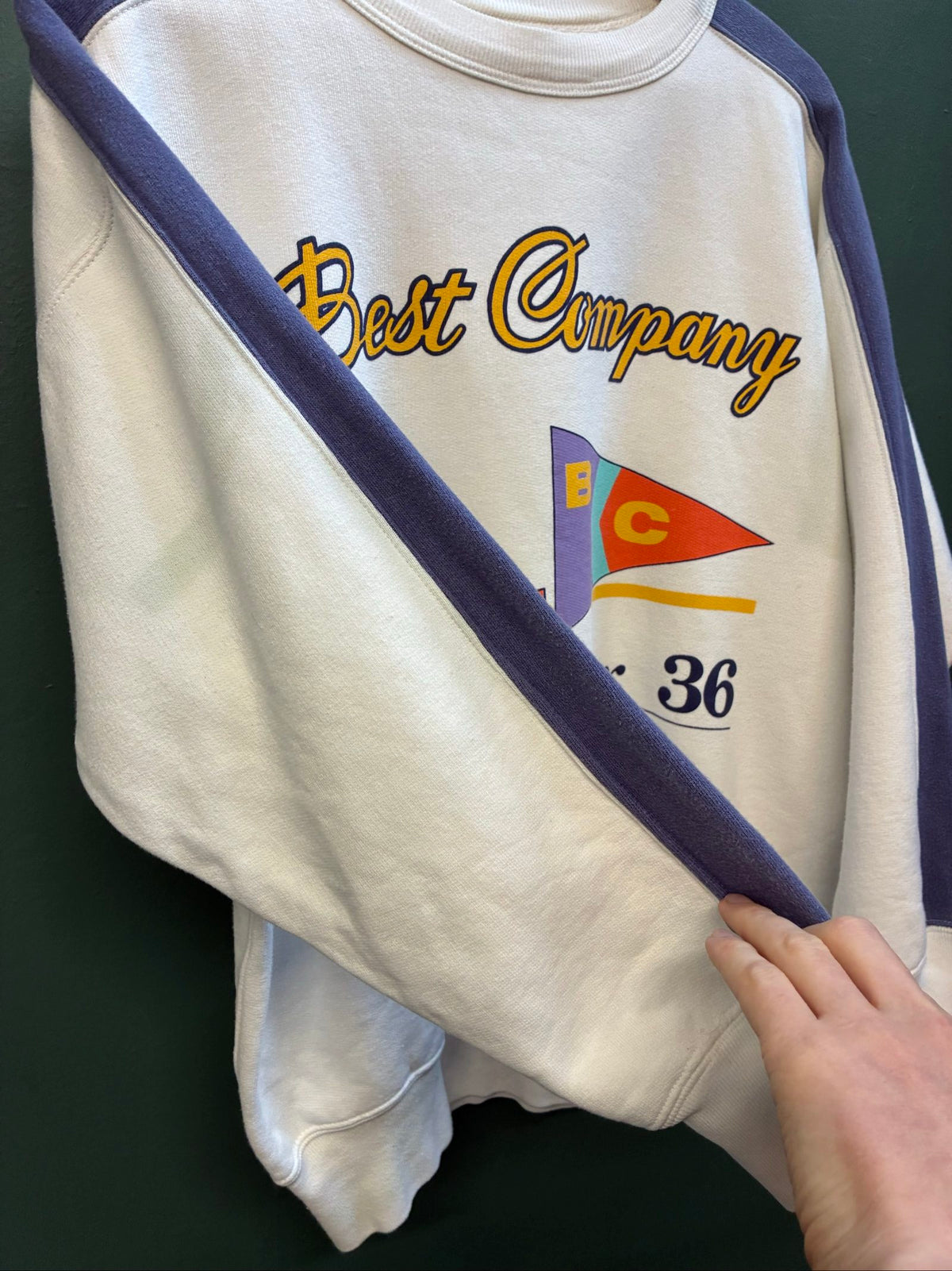 Best Company multi-colour sweatshirt with purple and white sailing design, 90s vintage style.