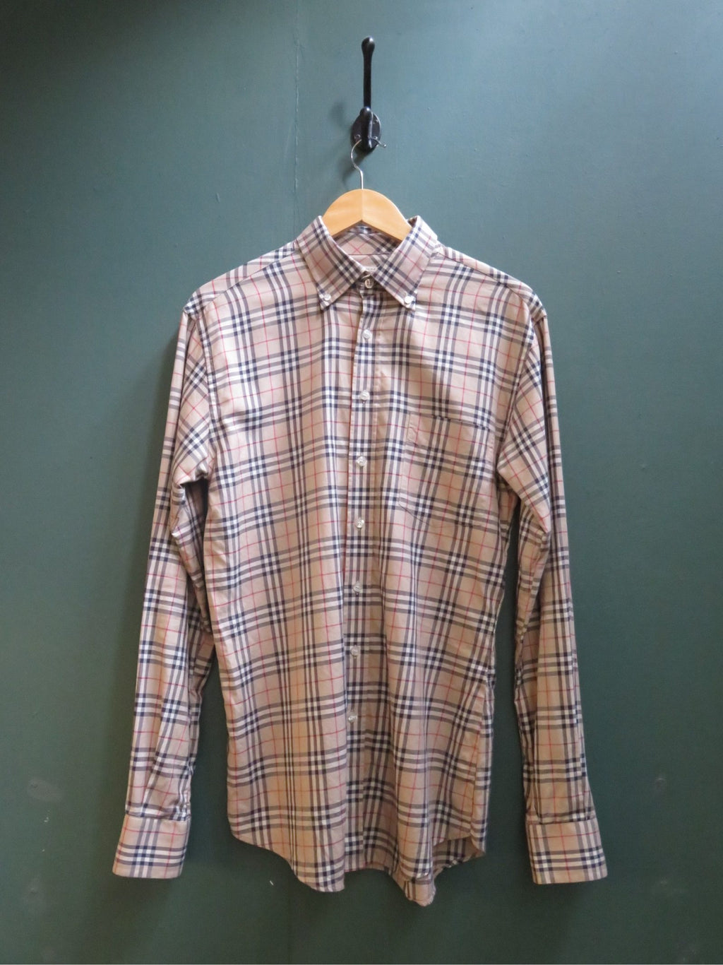 Burberry beige check shirt with black and red pattern, classic fit, y2k style.