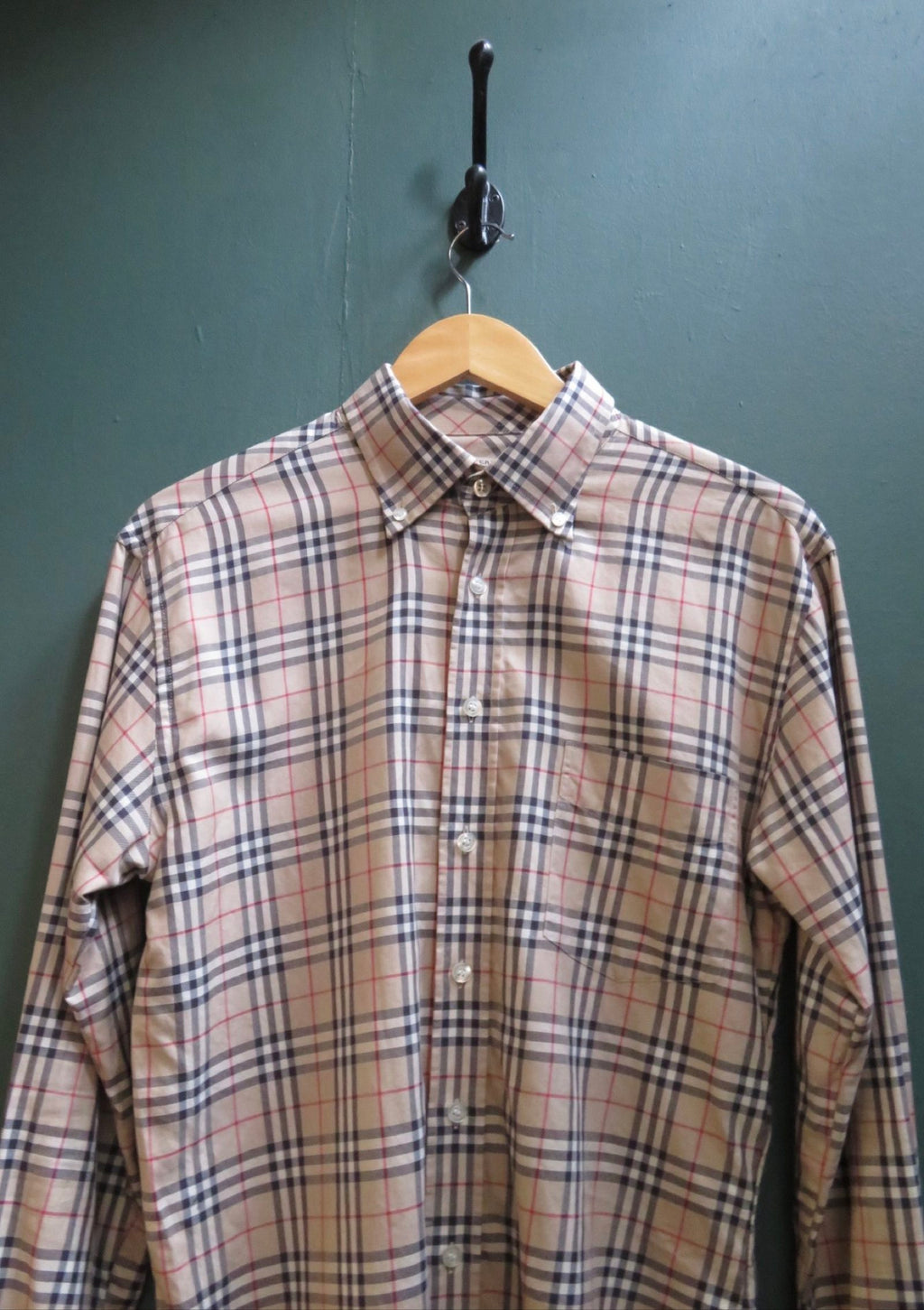 Burberry beige check shirt with black and red pattern, classic fit, y2k style.