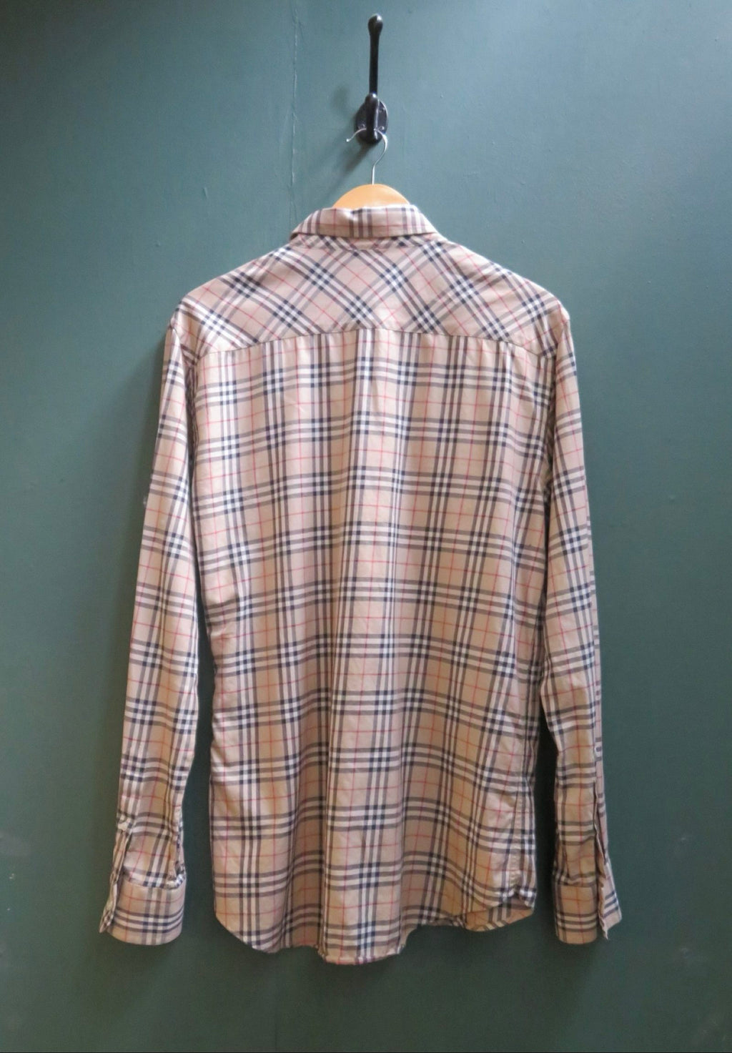 Burberry beige check shirt with black and red pattern, classic fit, y2k style.