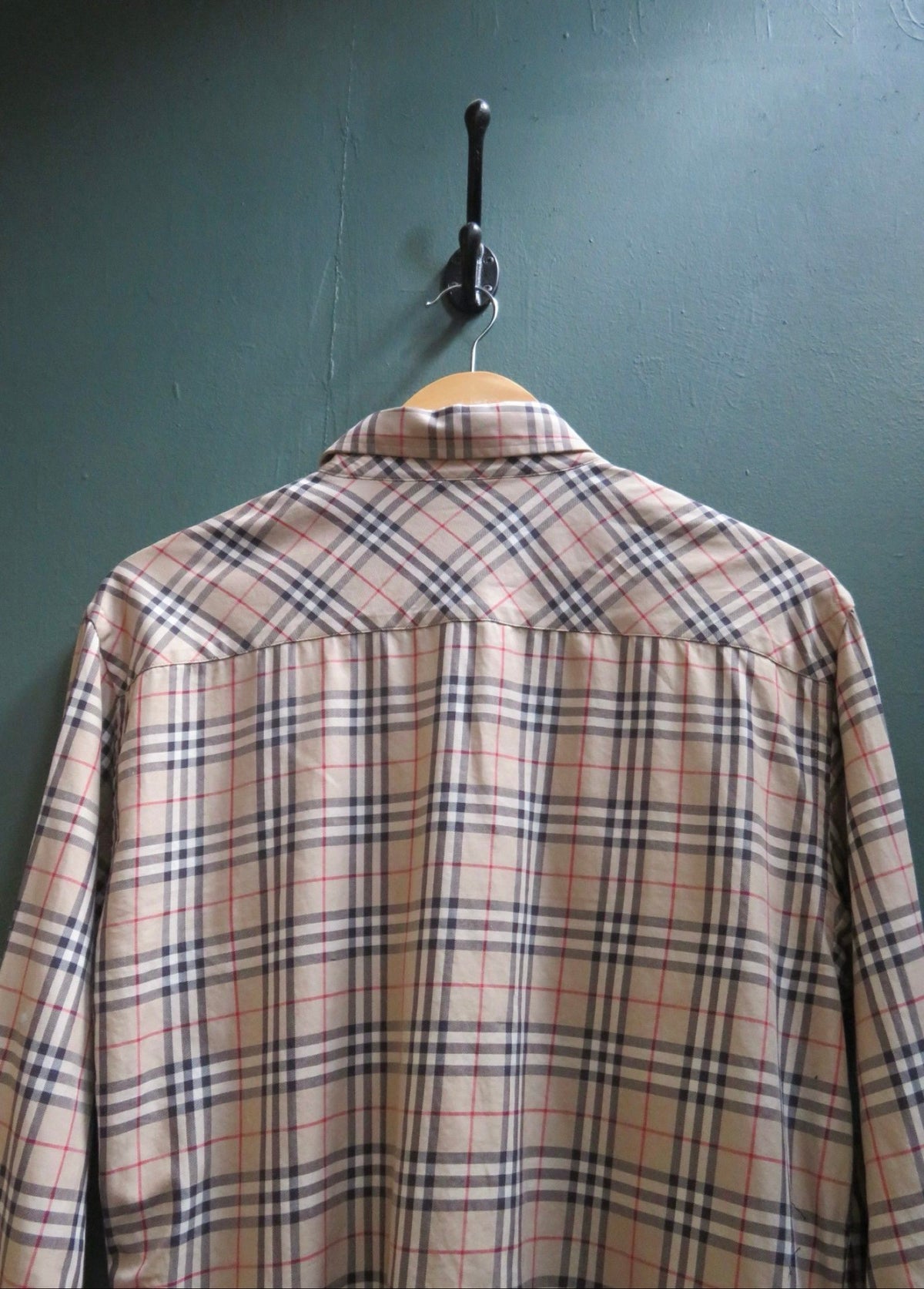 Burberry beige check shirt with black and red pattern, classic fit, y2k style.