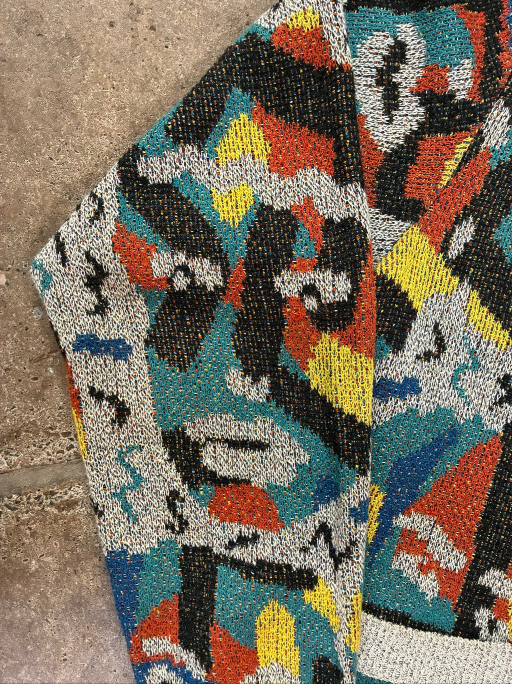 Missoni grey, orange, yellow cardigan with abstract Picasso knit pattern and oversized fit.