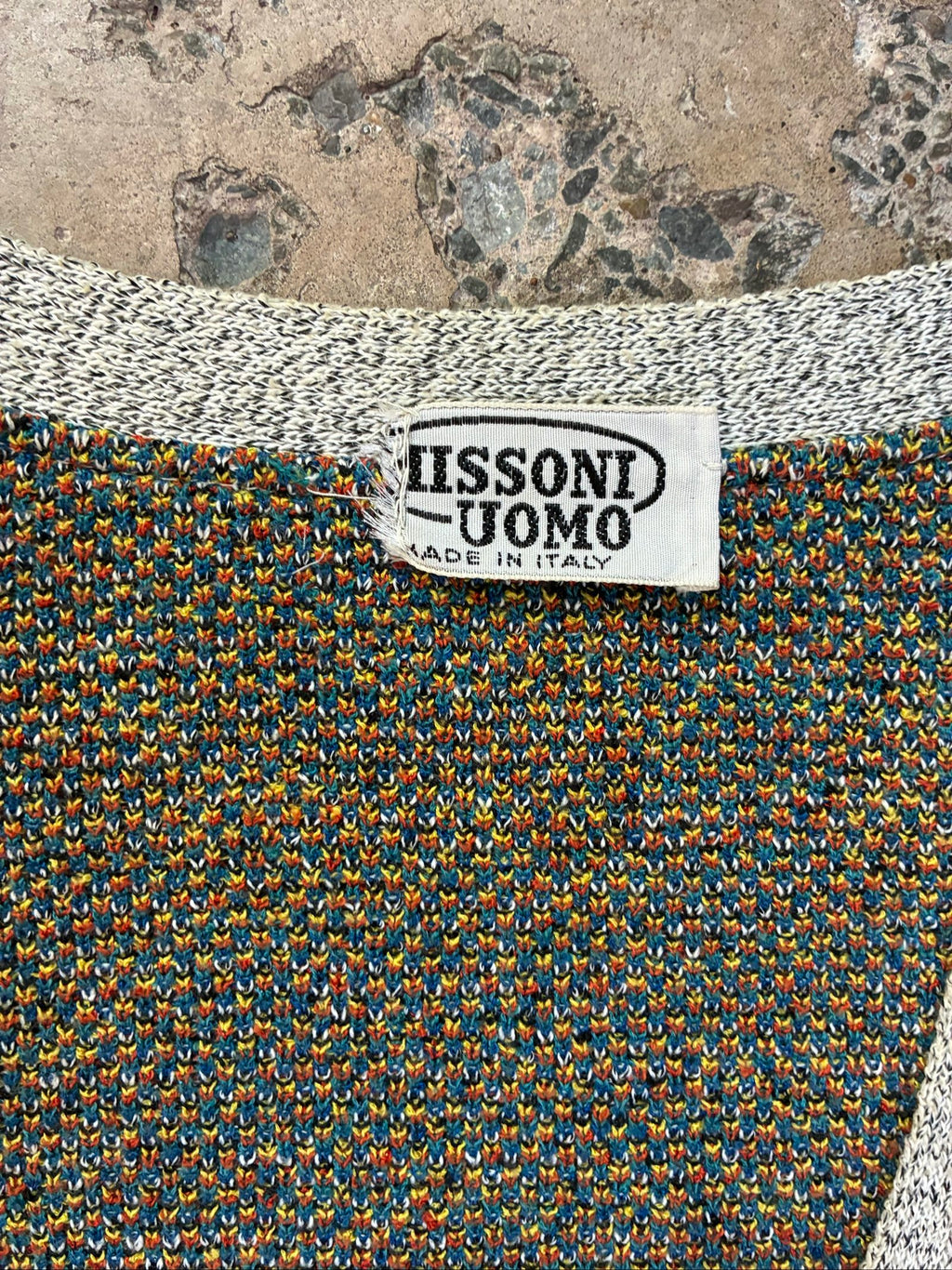Missoni grey, orange, yellow cardigan with abstract Picasso knit pattern and oversized fit.