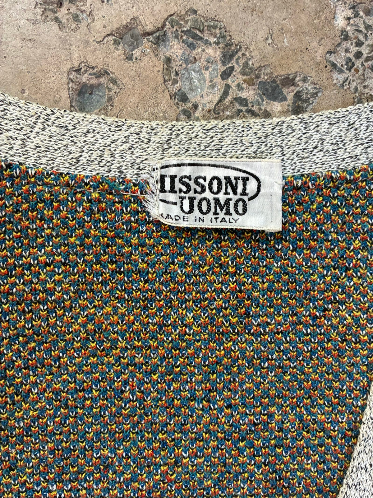Missoni grey, orange, yellow cardigan with abstract Picasso knit pattern and oversized fit.