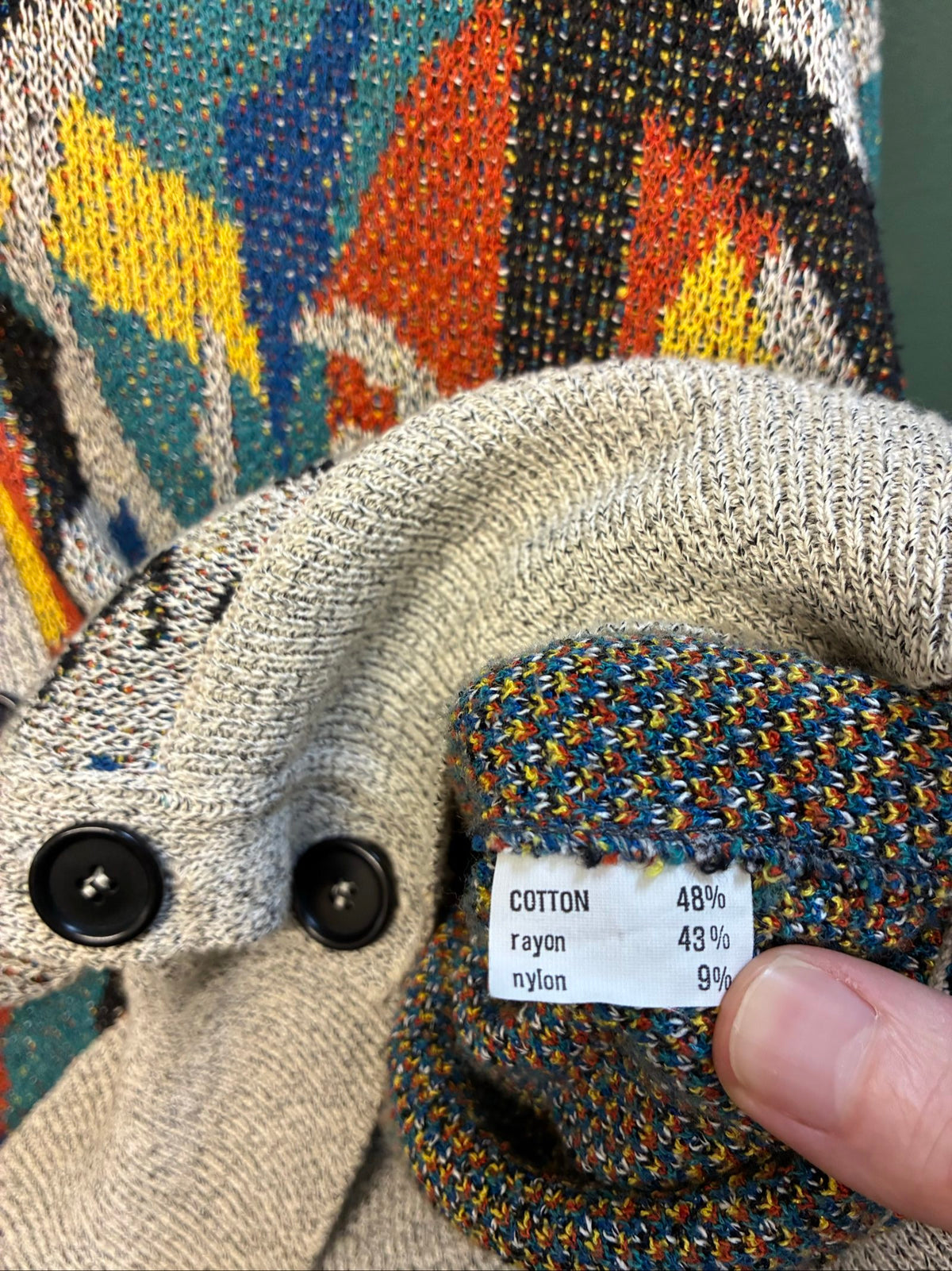 Missoni grey, orange, yellow cardigan with abstract Picasso knit pattern and oversized fit.