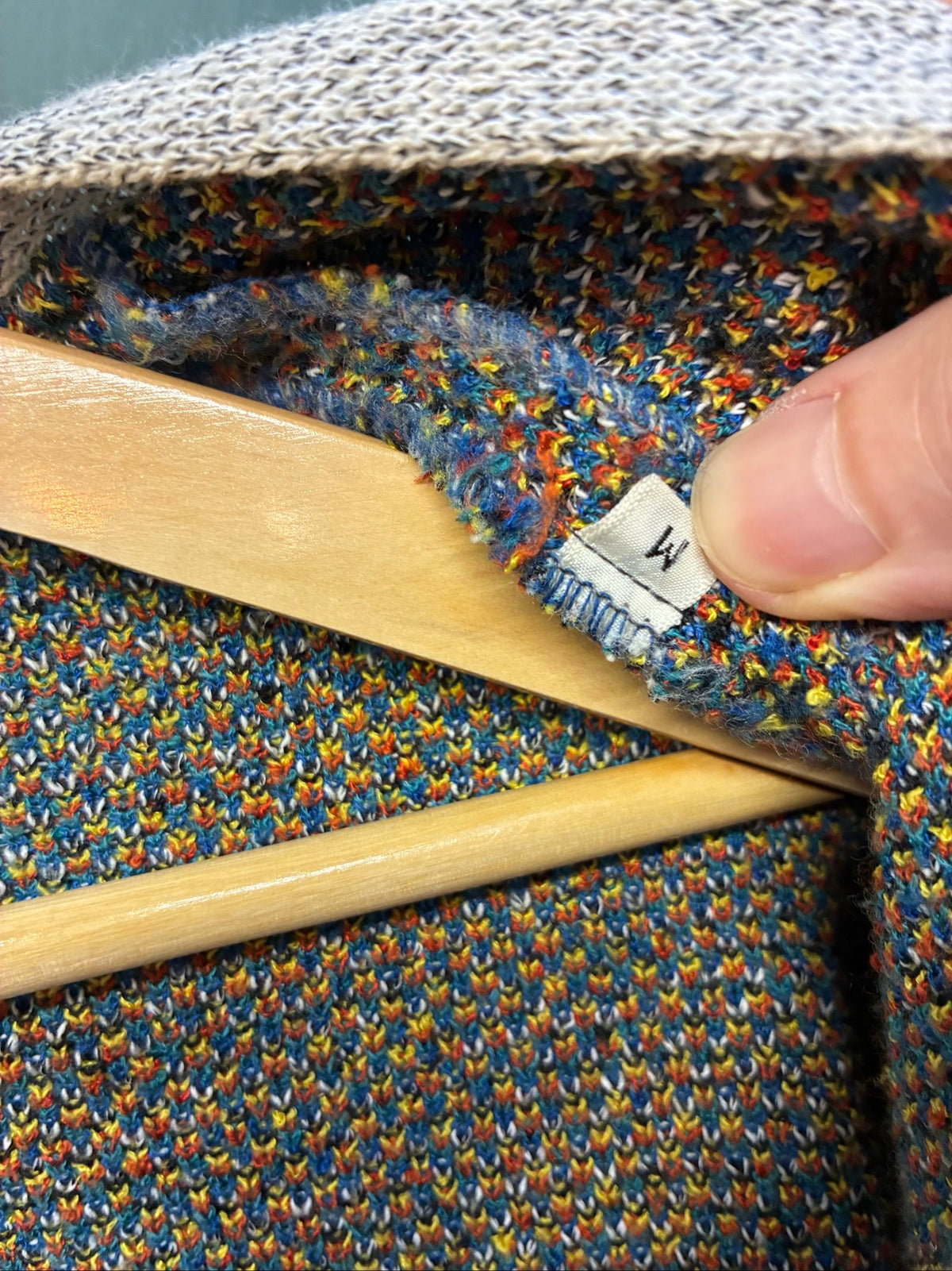 Missoni grey, orange, yellow cardigan with abstract Picasso knit pattern and oversized fit.