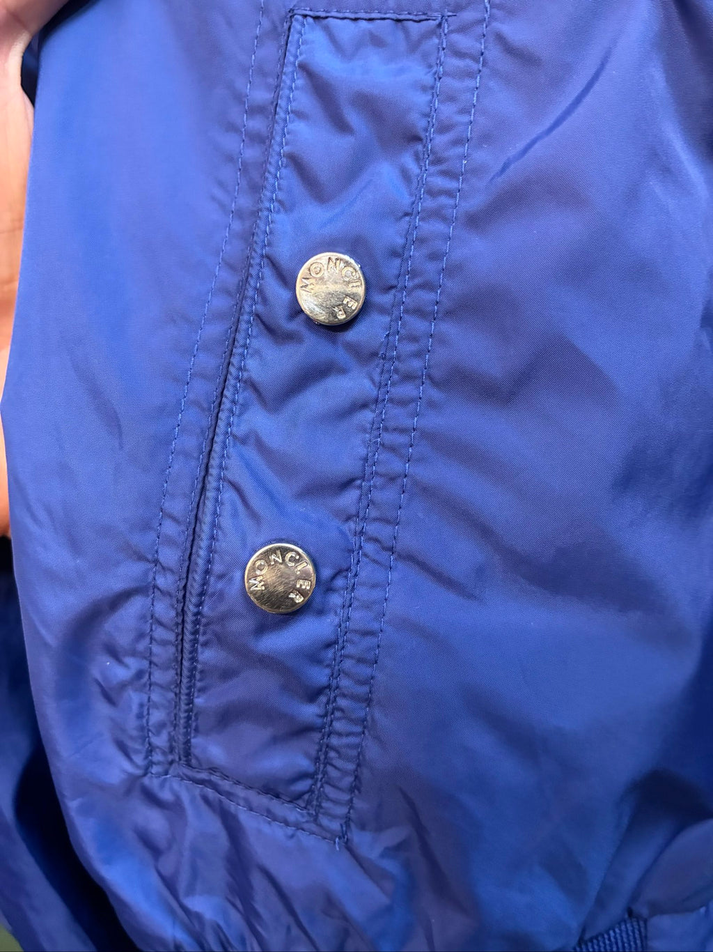 Moncler blue lightweight bomber jacket with logo, good condition, light surface marks.