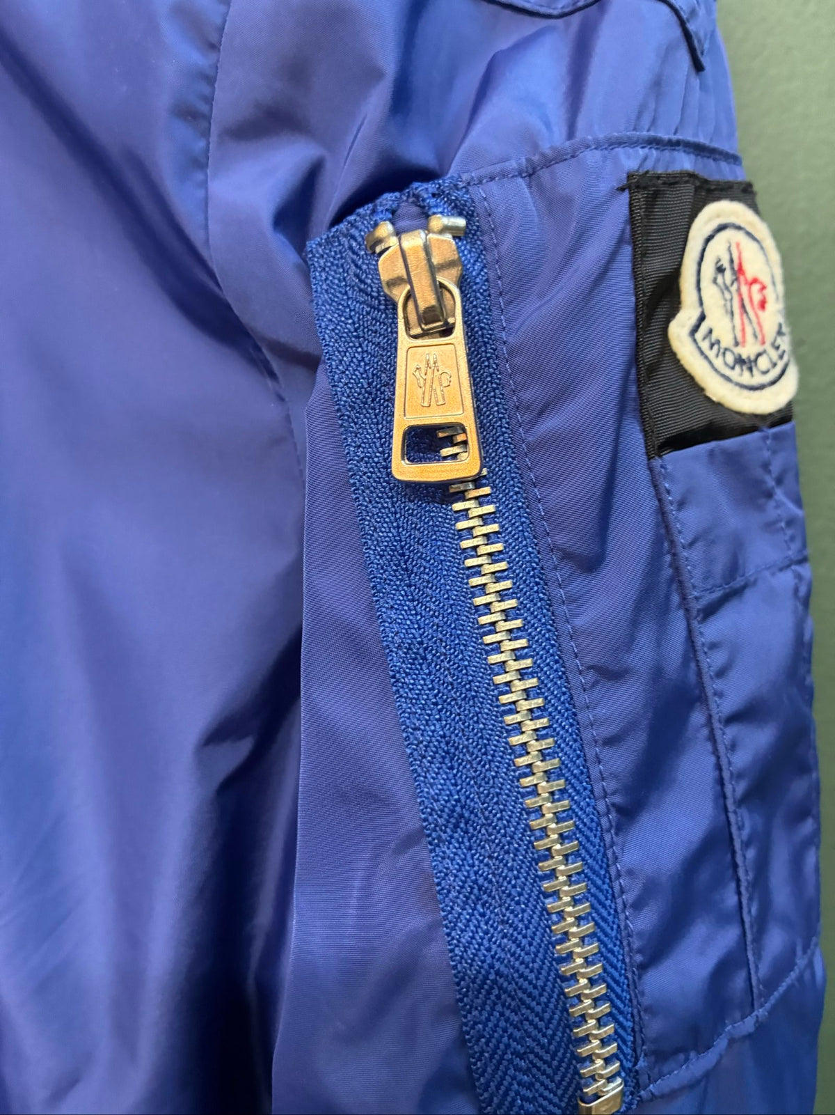 Moncler blue lightweight bomber jacket with logo, good condition, light surface marks.