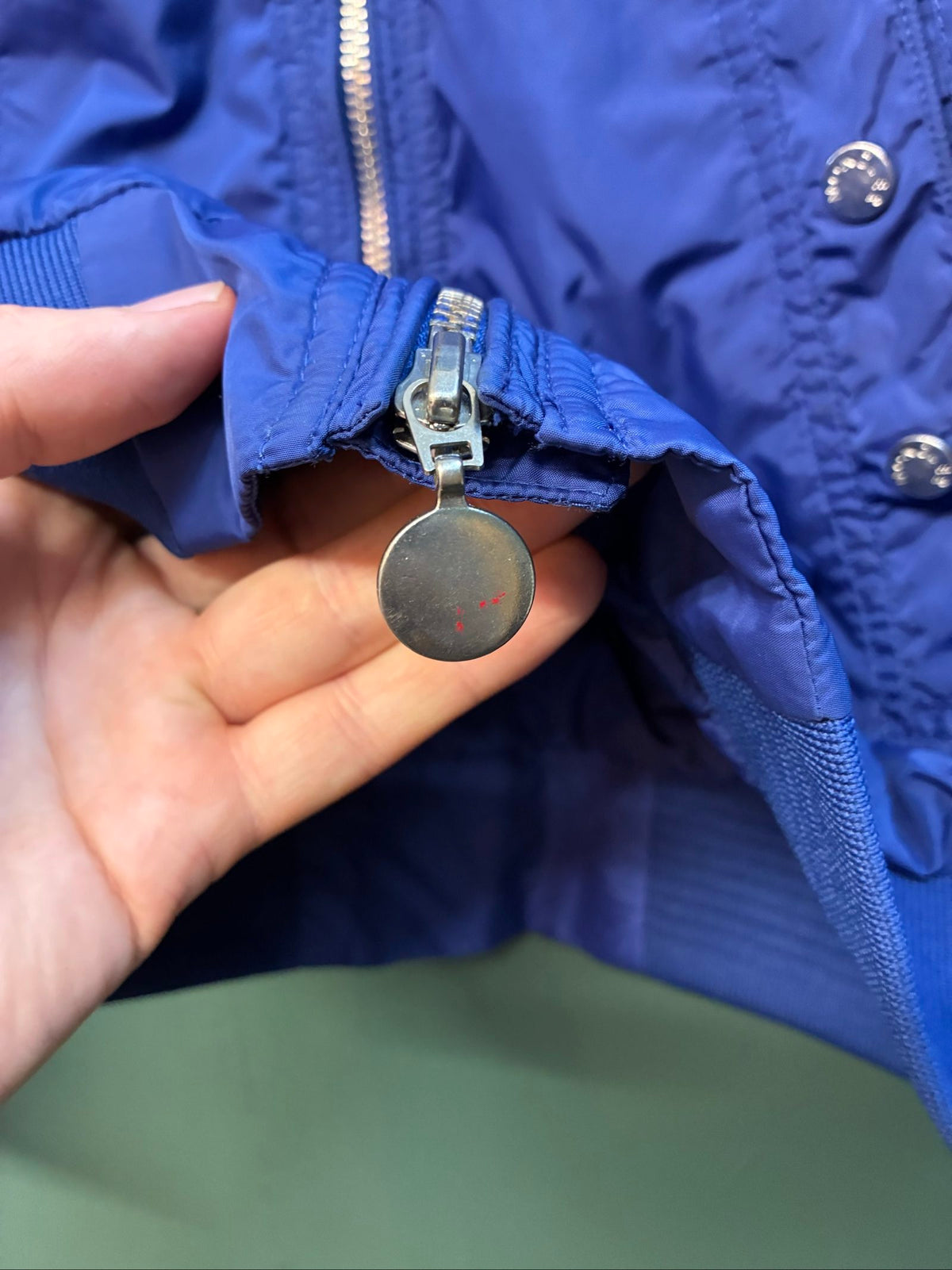 Moncler blue lightweight bomber jacket with logo, good condition, light surface marks.