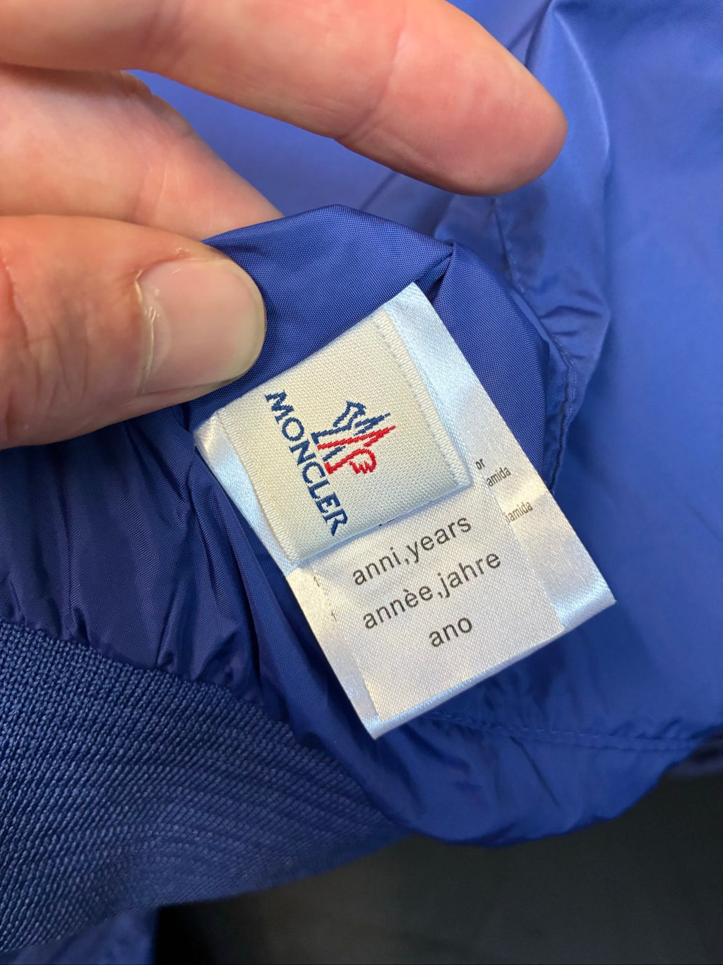 Moncler blue lightweight bomber jacket with logo, good condition, light surface marks.