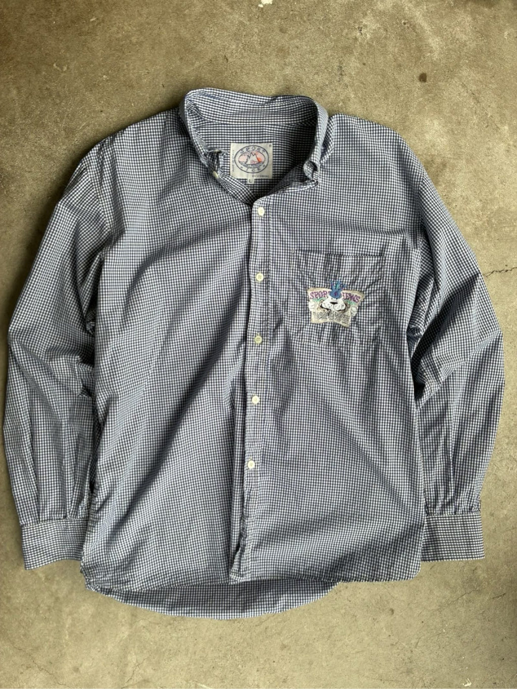 Iceberg dark blue and white checkered shirt with embroidered pocket and 90s sports design.