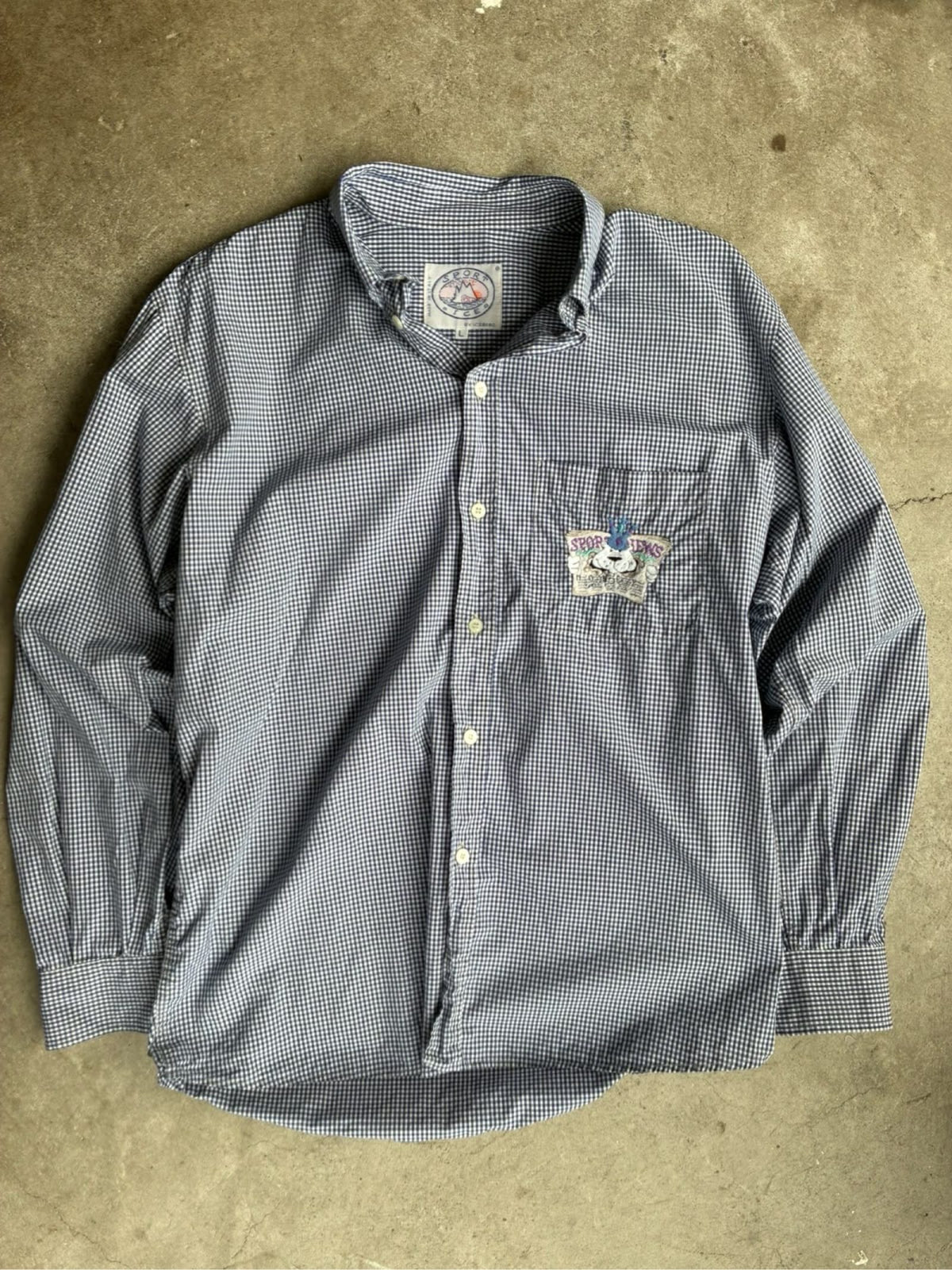 Iceberg dark blue and white checkered shirt with embroidered pocket and 90s sports design.