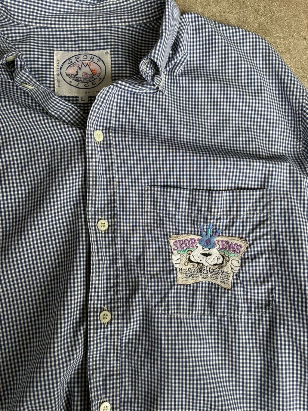 Iceberg dark blue and white checkered shirt with embroidered pocket and 90s sports design.
