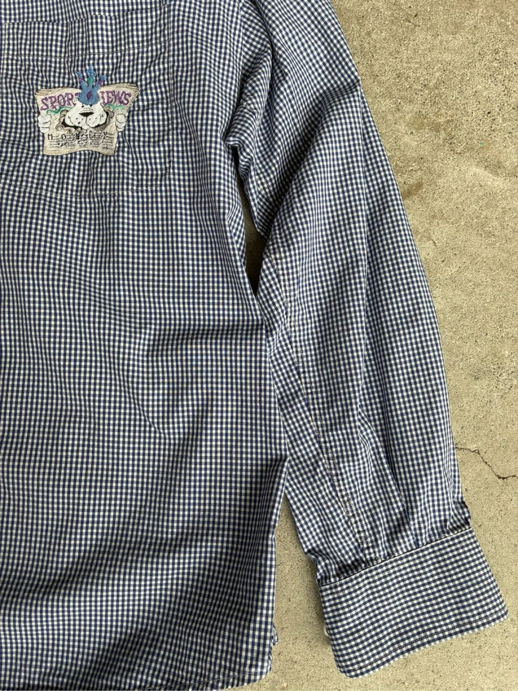 Iceberg dark blue and white checkered shirt with embroidered pocket and 90s sports design.